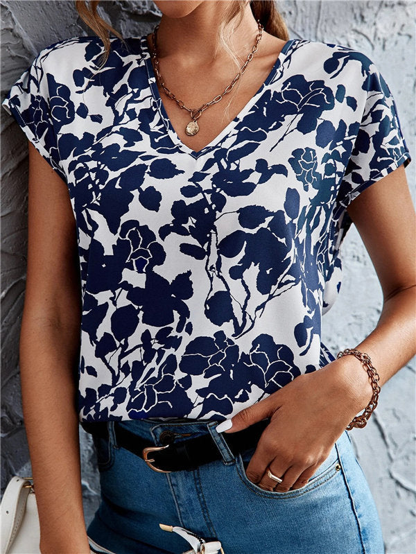 European And American Fashion V-neck Short Sleeve Printed Top