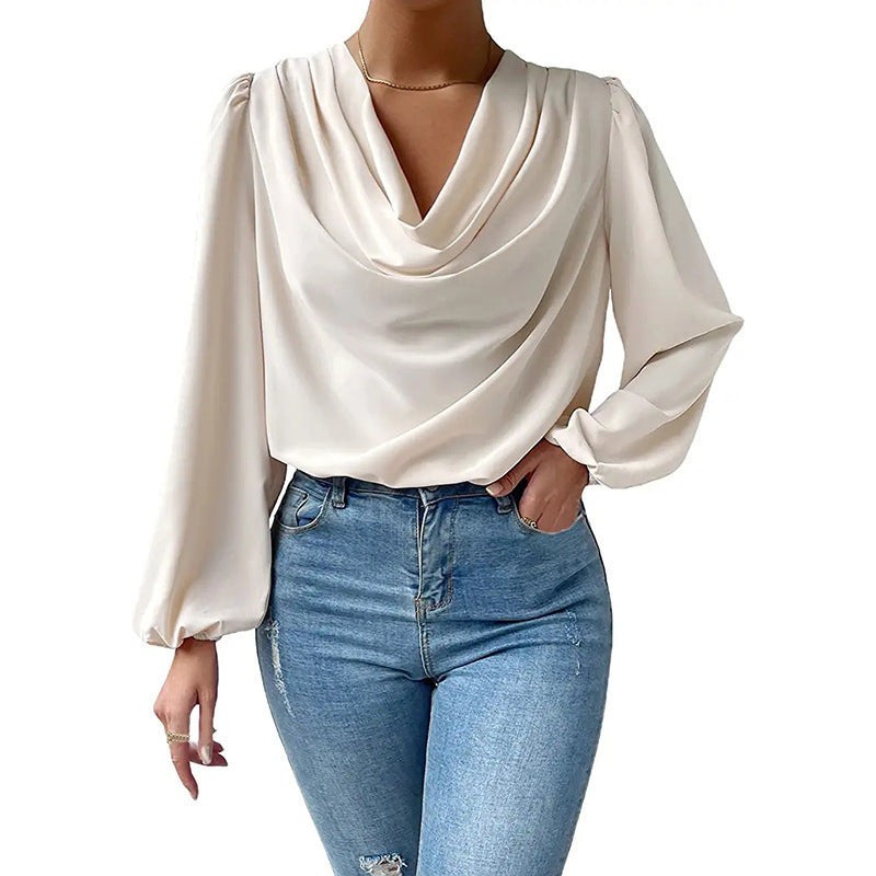 European And American Summer Chiffon Long-sleeved Shirt Loose Draped V-neck Top