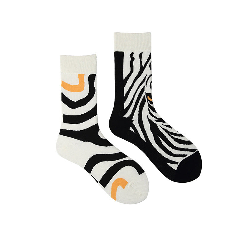 Left And Right Feet Kitten Stripes Asymmetric Long Socks