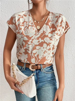 European And American Fashion V-neck Short Sleeve Printed Top