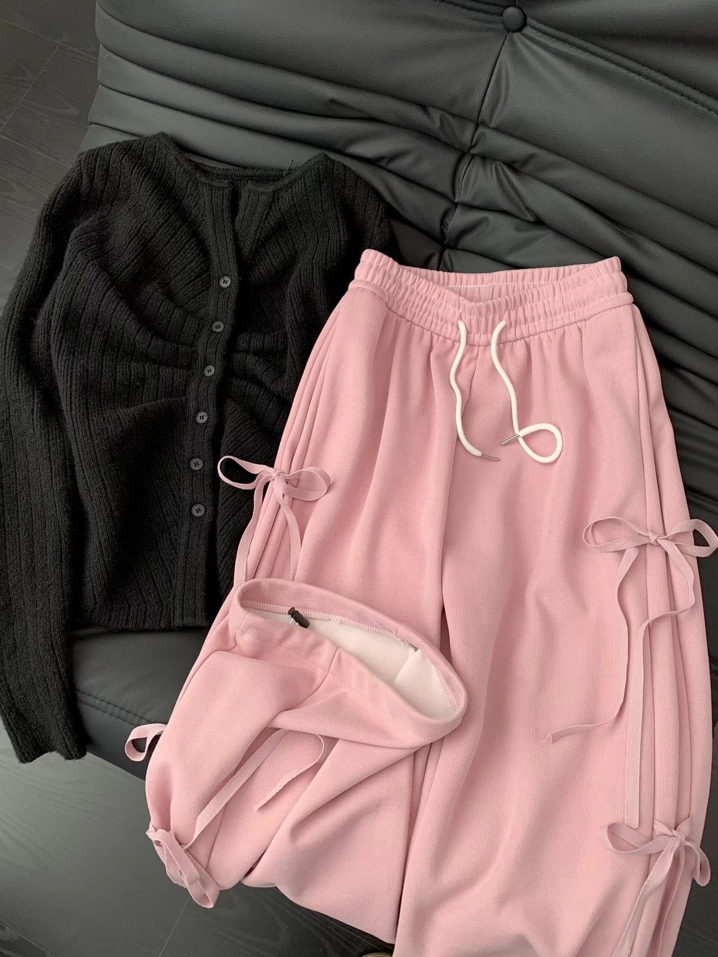 Women's Korean-style Vintage Bow Lace Up Straight Sweatpants