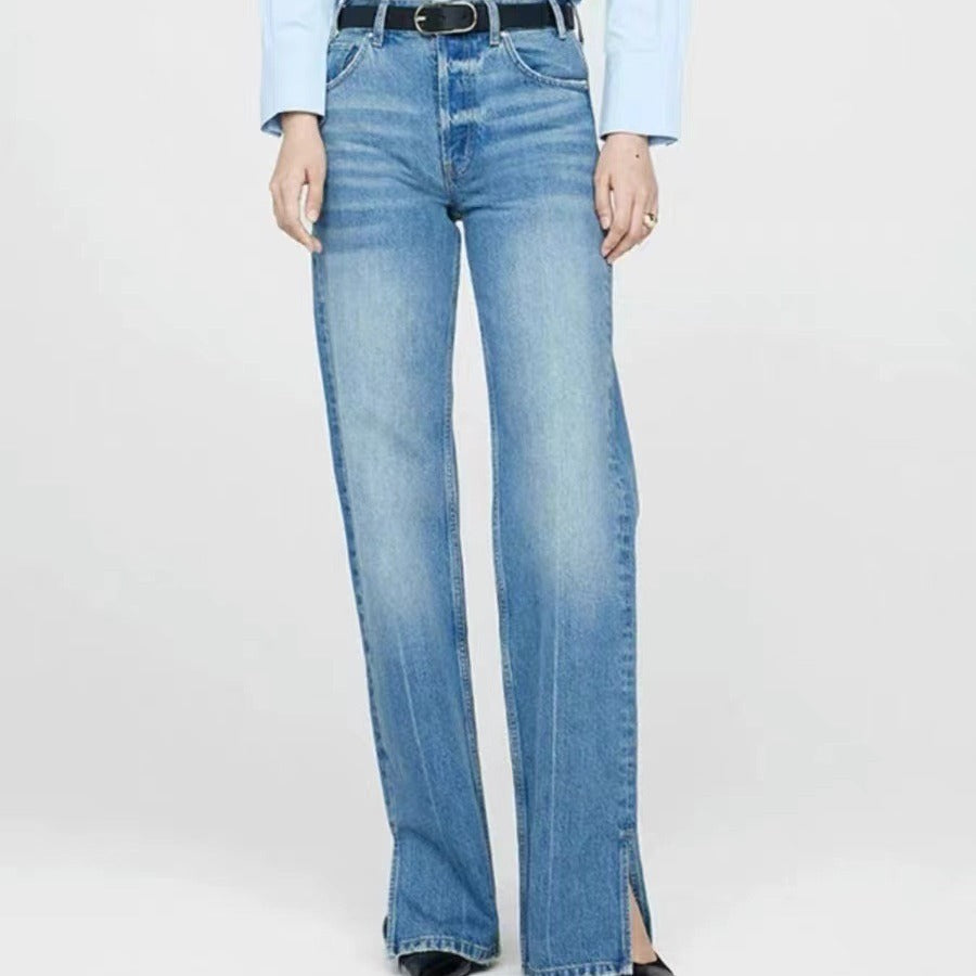 Women's Nordic Blue Mid-waist Button Placket Straight Jeans