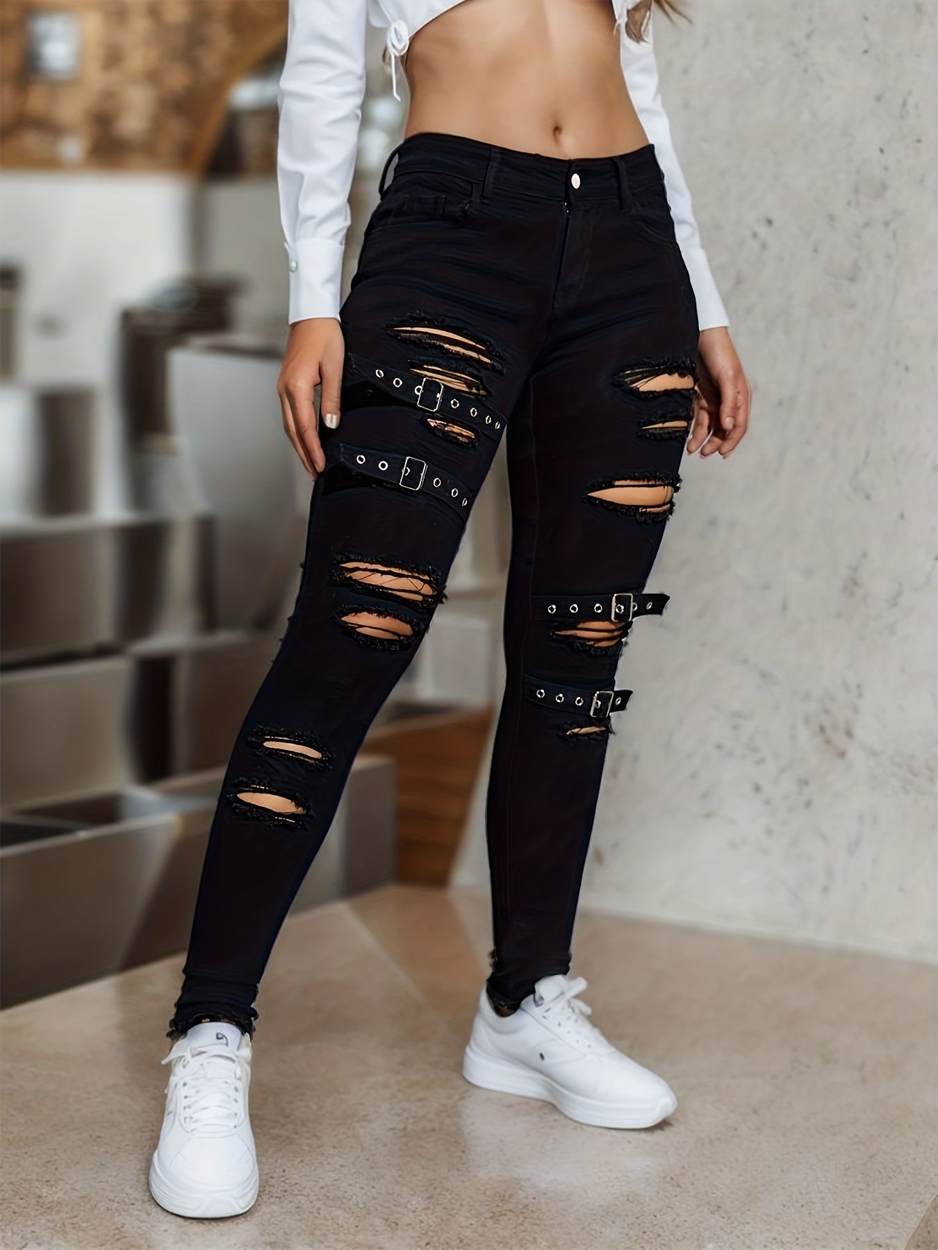 Black Tight Stretch Skinny Trousers Women's Ripped Denim Trousers