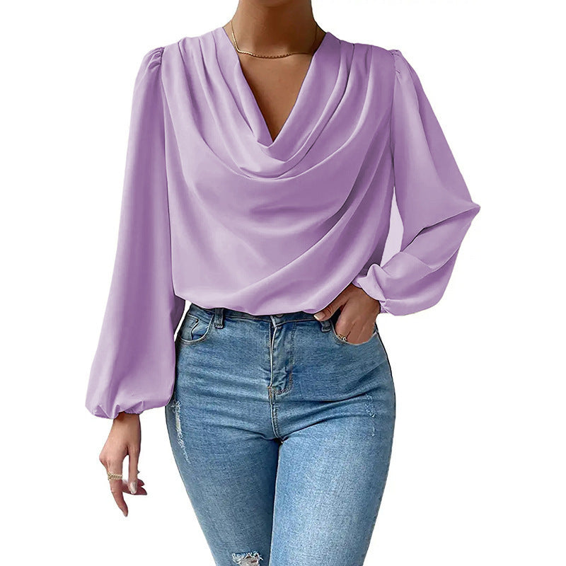 European And American Summer Chiffon Long-sleeved Shirt Loose Draped V-neck Top