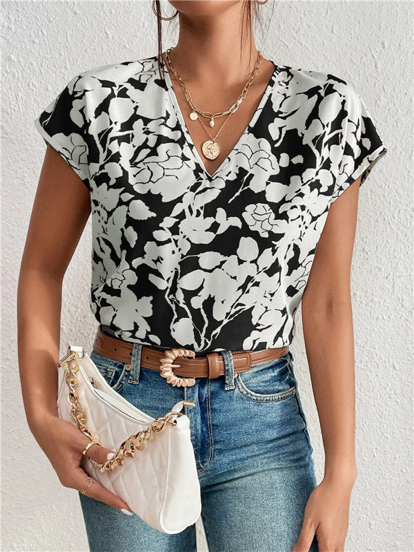 European And American Fashion V-neck Short Sleeve Printed Top