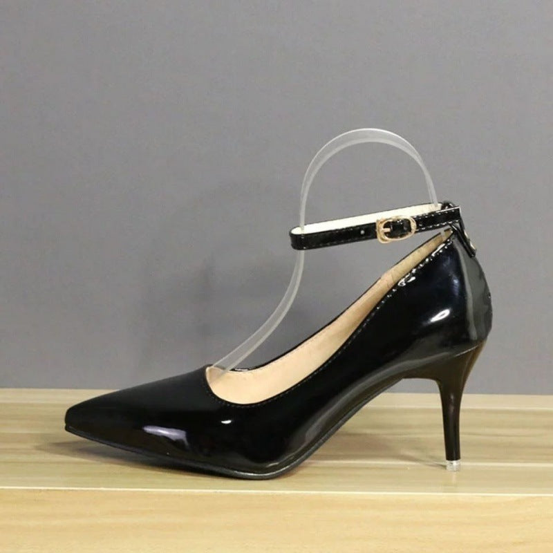 Plus Size One Word Buckle High Heels Female Patent Leather Stilettos