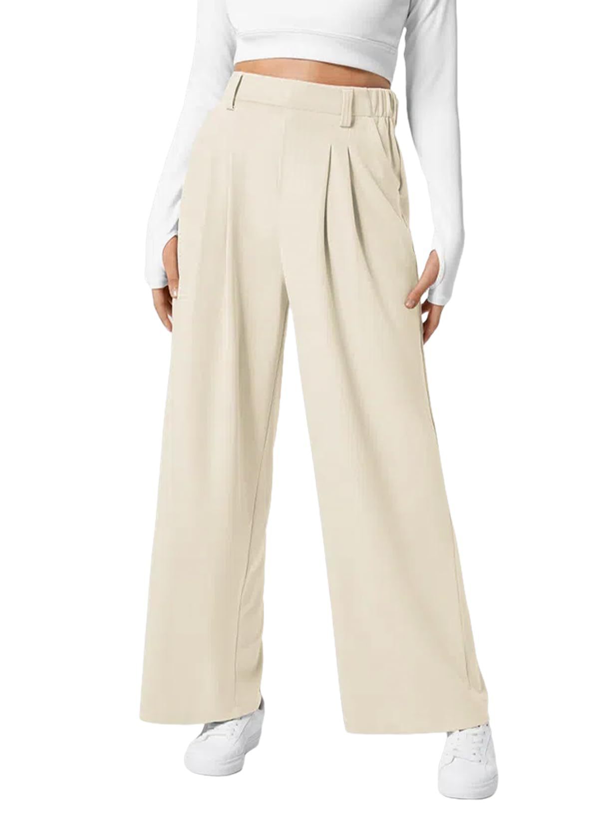 Women's Wide Leg Pants Elastic High Waist Waffle Knit Casual