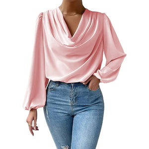 European And American Summer Chiffon Long-sleeved Shirt Loose Draped V-neck Top