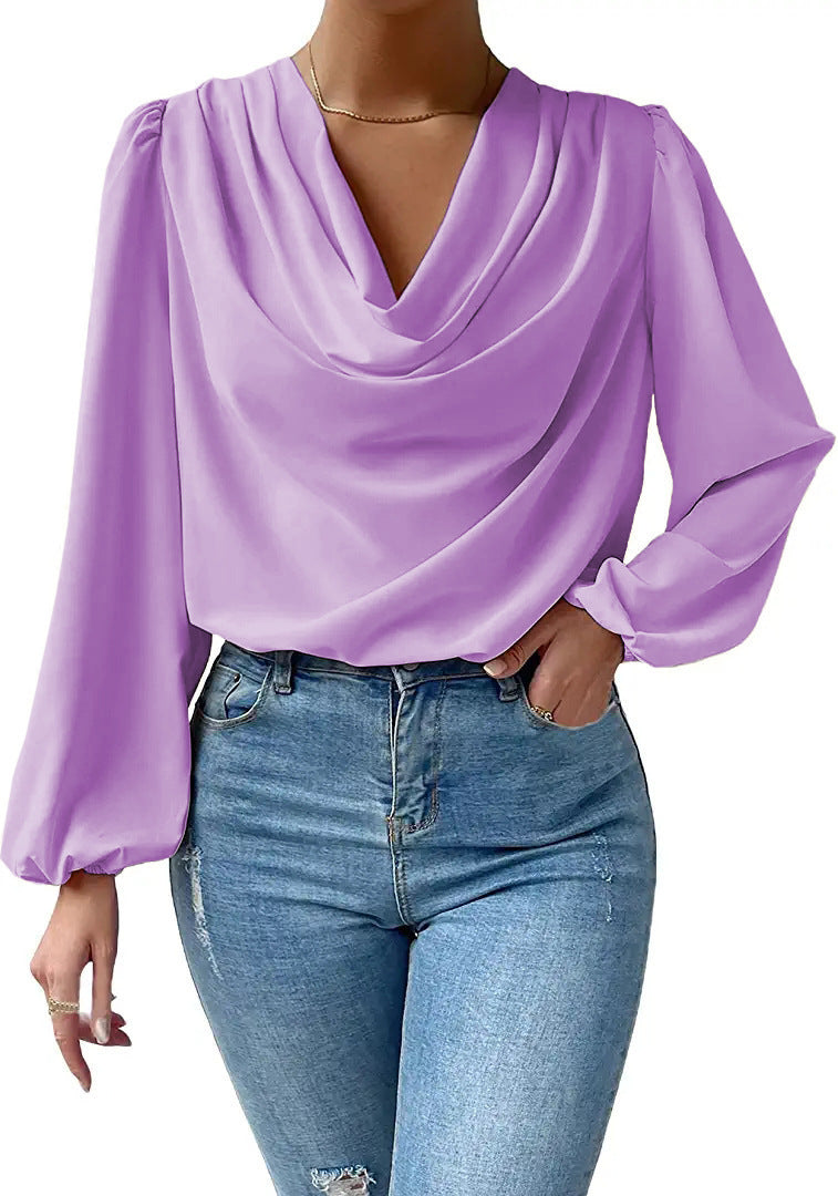 European And American Summer Chiffon Long-sleeved Shirt Loose Draped V-neck Top