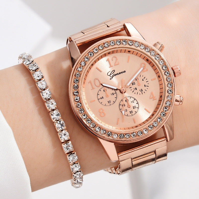 Women's Three-eye Quartz Diamond-embedded Watch