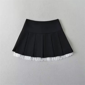 Sweet Cool Hot Girl  Lace Stitching High Waist Pleated Skirt