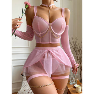 Nightclub Stitching Waist Seal Underwear Three-piece Set Suit