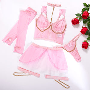 Nightclub Stitching Waist Seal Underwear Three-piece Set Suit