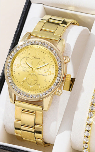 Women's Three-eye Quartz Diamond-embedded Watch