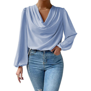 European And American Summer Chiffon Long-sleeved Shirt Loose Draped V-neck Top