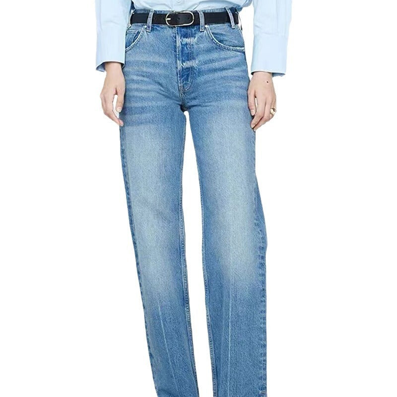 Women's Nordic Blue Mid-waist Button Placket Straight Jeans