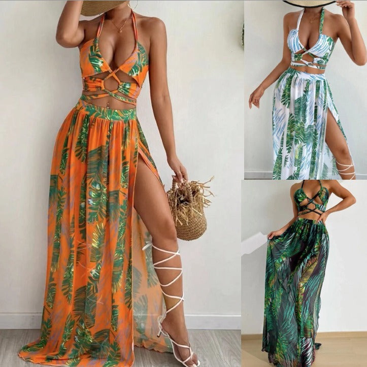 Blouse Gauze Skirt Three Piece Swimsuit Women's Printed