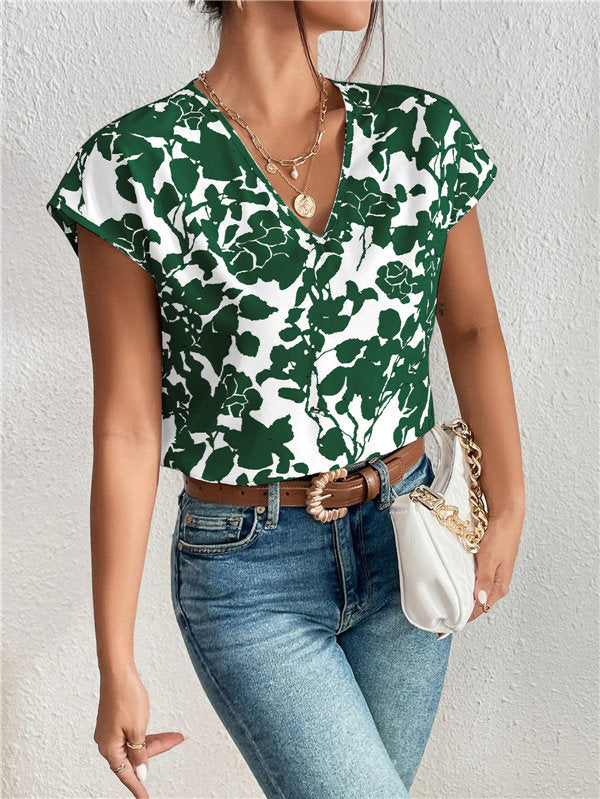 European And American Fashion V-neck Short Sleeve Printed Top