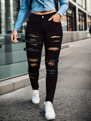 Black Tight Stretch Skinny Trousers Women's Ripped Denim Trousers