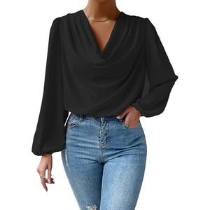 European And American Summer Chiffon Long-sleeved Shirt Loose Draped V-neck Top