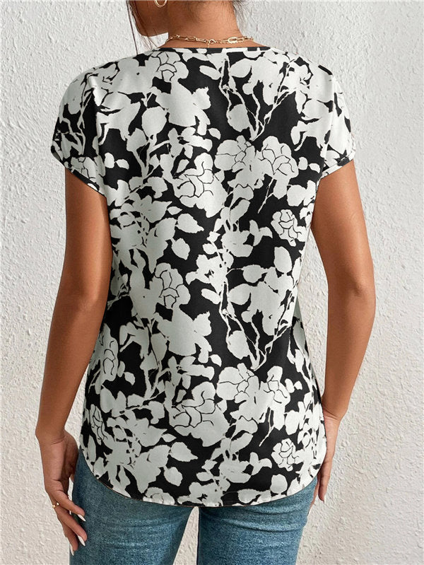 European And American Fashion V-neck Short Sleeve Printed Top